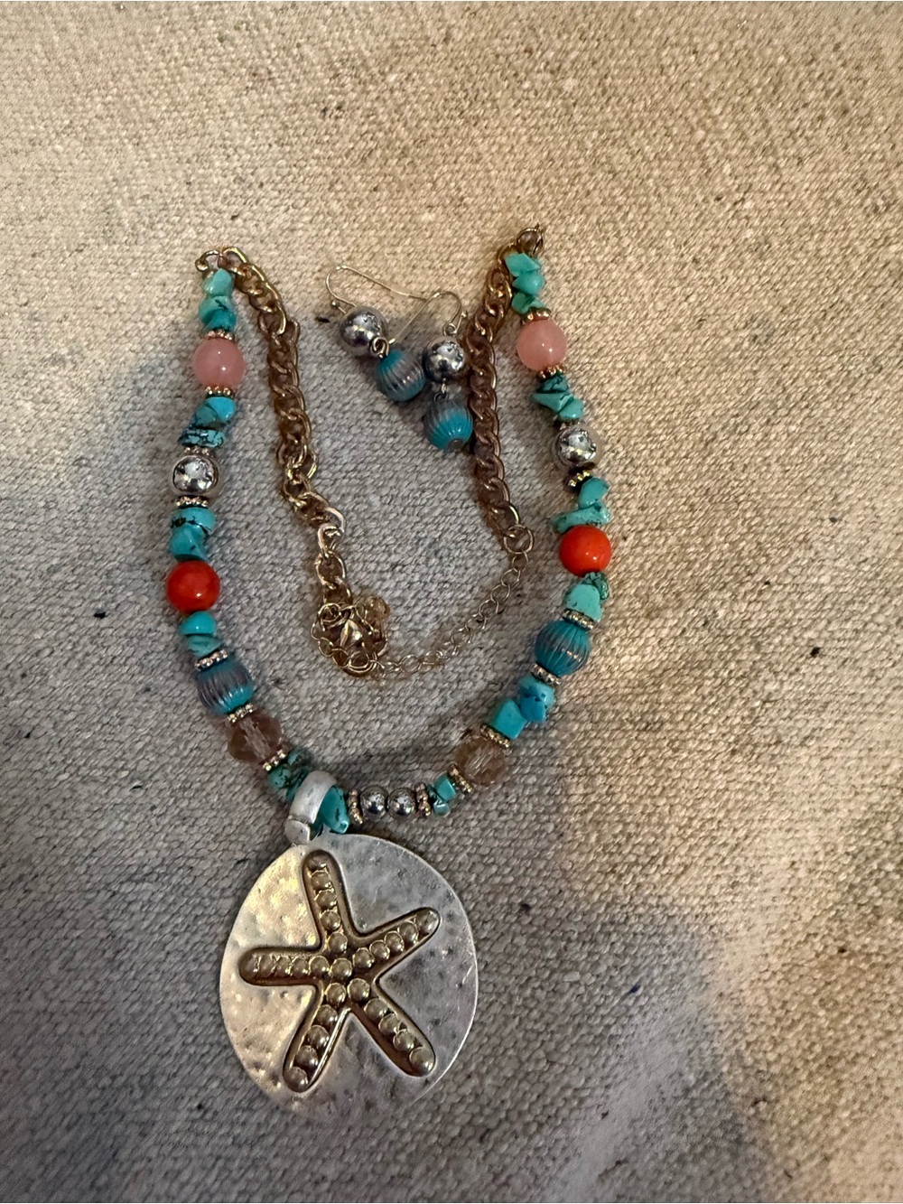 Turquoise & Coral Starfish Pendant Necklace Set - Unbranded